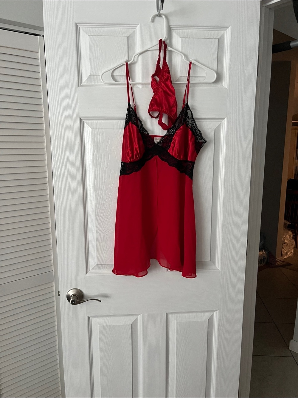 Secret Treasures Red Chiffon Chemise with Black Lace Trim